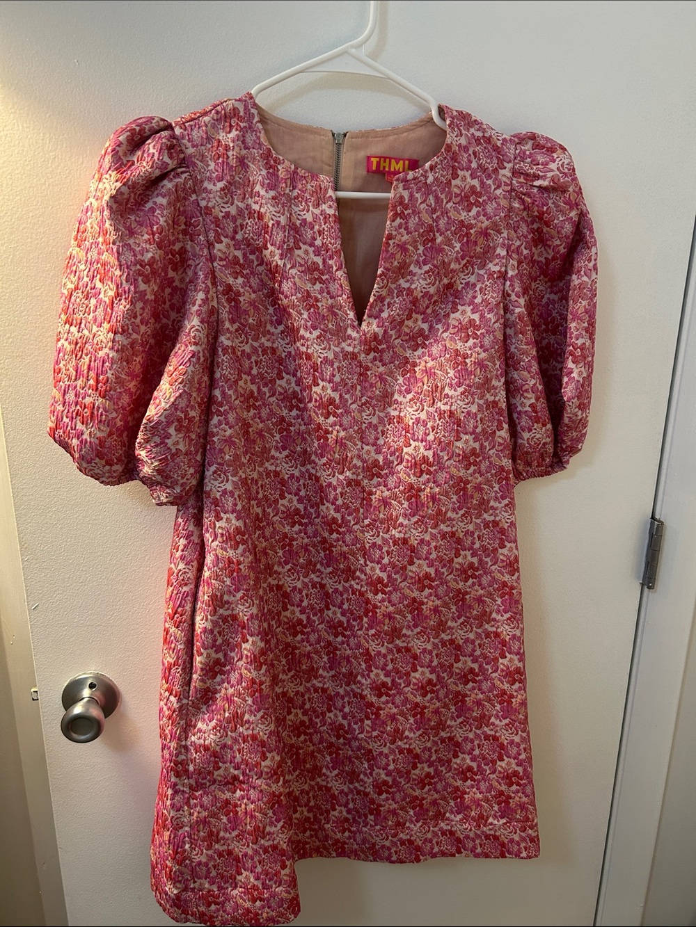 THML Pink Floral Puff-Sleeve Mini Dress
